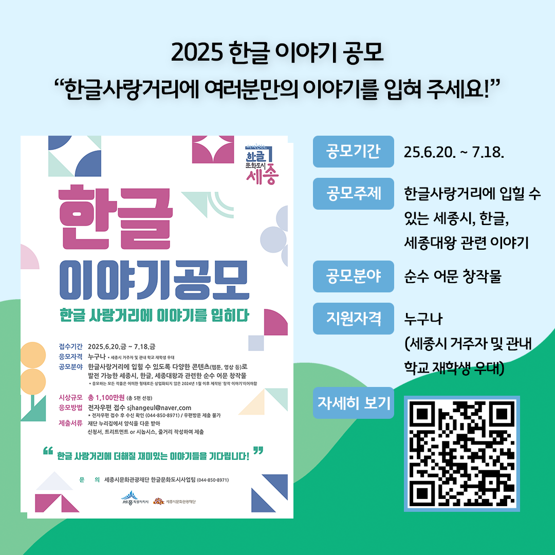 ‘2025 한글 이야기 공모’를 소개하는 홍보 카드뉴스이다. 밝은 파란색과 하늘색을 배경으로, 왼쪽에는 공모전 포스터 이미지가, 오른쪽에는 주요 공모 요약 정보와 QR코드가 배치되어 있다. 공모기간 : 25.6.20. ~ 7.18. / 공모주제 : 한글사랑거리에 적용 가능한 세종지역과 한글, 세종대왕과 관련한 순수 창작물 / 공모분야 : 트리트먼트, 시놉시스 / 지원자격 : 전 국민 누구나(세종시 거주자 및 지역 내 학교 재학생 우대)
