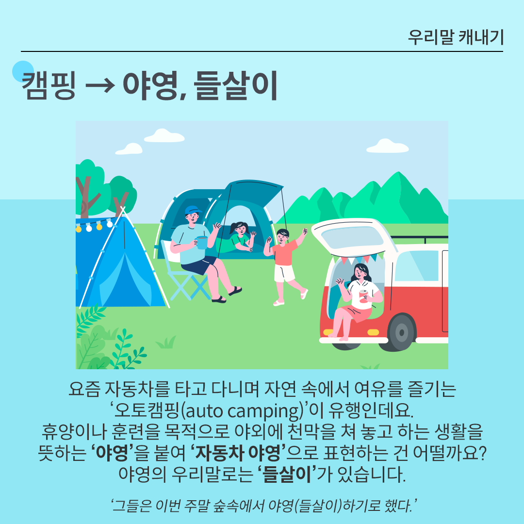 카드뉴스 배경은 시원한 느낌을 주는 하늘색이다. 상단에는 ‘캠핑 → 야영, 들살이’가 적혀있다. 그 아래 그림에는 텐트를 치고, 차박을 하는 사람들의 모습이 그려져 있다. 그 아래에는 캠핑의 대체 단어를 설명하고 있다. 요즘 자동차를 타고 다니며 자연 속에서 여유를 즐기는‘오토캠핑(auto camping)’이 유행인데요. 휴양이나 훈련을 목적으로 야외에 천막을 쳐 놓고 하는 생활을 뜻하는 ‘야영’을 붙여 ‘자동차 야영’으로 표현하는 건 어떨까요? 야영의 우리말로는 ‘들살이’가 있습니다. ‘그들은 이번 주말 숲속에서 야영(들살이)하기로 했다.’