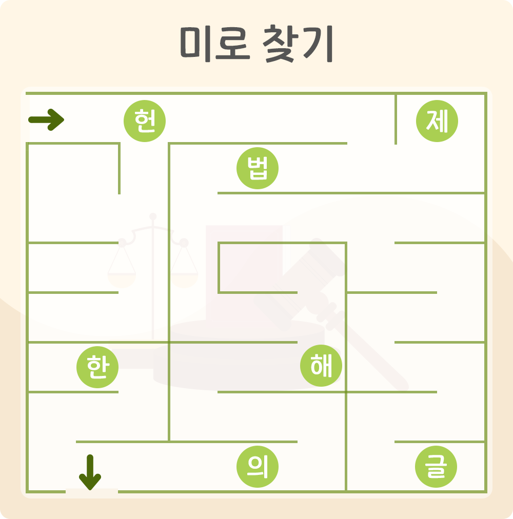 ‘미로 찾기’ 활동지로, 정해진 시작점에서 출발해 길을 따라 목적지까지 이동하는 형태의 퍼즐이다. 퍼즐 안에는 초록색 원 안에 글자가 하나씩 들어 있으며, 이를 순서대로 따라가면 특정 단어가 완성된다.