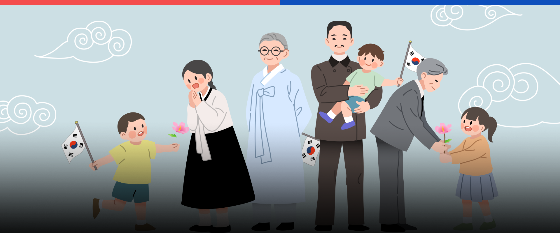 기획 전시 사진. 연한 파란색 하늘을 배경으로 전통 문양을 닮은 흰 구름이 흩어져 있다. 화면 왼쪽에는 태극기를 든 남자아이가 웃으며 서 있고, 그 앞에는 흰 저고리와 검은 치마를 입은 젊은 여성이 두 손을 모은 채 감동한 듯한 표정을 짓고 있다. 그 옆에는 흰색 한복을 입은 할아버지가 온화하게 미소 짓고 있으며, 그 오른쪽에는 갈색 정장을 입은 중년 남성이 아기를 안고 태극기를 든 채 서 있다. 가장 오른쪽에는 나이가 지긋한 남성이 어린 여자아이에게 무궁화꽃을 건네고 있고, 여자아이는 분홍색 꽃을 두 손으로 받으며 활짝 웃고 있다.  사진 왼쪽 하단에는 하늘색 박스 안에 ‘기획기사’ 문구가 적혀있다. 그 아래에는 기사의 제목 ‘『해방기념시집』 다시 찾은 한글로 노래한 광복의 기쁨’이 쓰여있다.