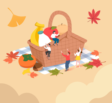 우리말 캐내기 사진. 연한 주황색 배경이다. 중앙에 커다란 갈색 소풍 바구니가 놓여 있고, 그 안에는 우유병, 사과, 배 등이 있다. 바구니 주변에는 다섯 명의 사람이 즐겁게 뛰놀고 있다.