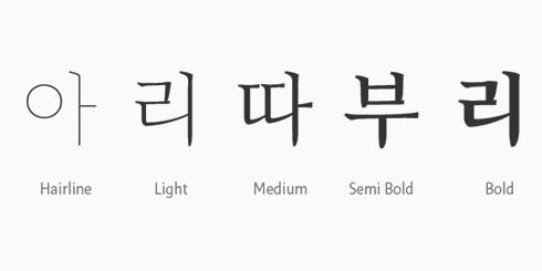 아모레퍼시픽에서 제작한 글꼴 ‘아리따부리’ 사진이다. ‘아리따부리’가 ‘Hairline’에서 ‘Bold’까지 점점 두꺼워지는 서체로 표현되어 있다.