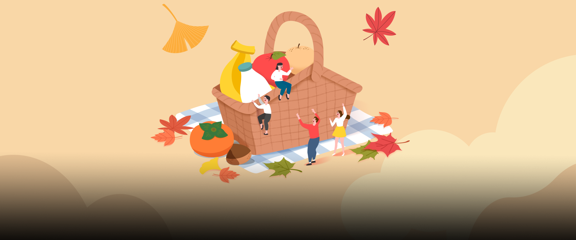 우리말 캐내기 사진. 연한 주황색 배경이다. 중잉에 커다란 갈색 피크닉 바구니가 놓여 있고, 그 안에는 우유병, 사과, 배 등이 있다. 바구니 주변에는 다섯 명의 사람이 즐겁게 뛰놀고 있다. 왼쪽 하단에는 주황색 박스 안에 ‘우리말 캐내기’ 문구가 적혀있다. 그 아래에는 기사의 제목 ‘다가오는 가을을 맞이하며, 열매 관련 풍성한 우리말 알아보기!’가 쓰여있다.