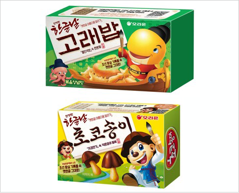 제579돌 한글날 한정판 고래밥, 초코송이 사진이다. 포장 박스 겉면에 ‘고래밥’과 ‘초코송이’가 옛한글 서체로 적혀있다.