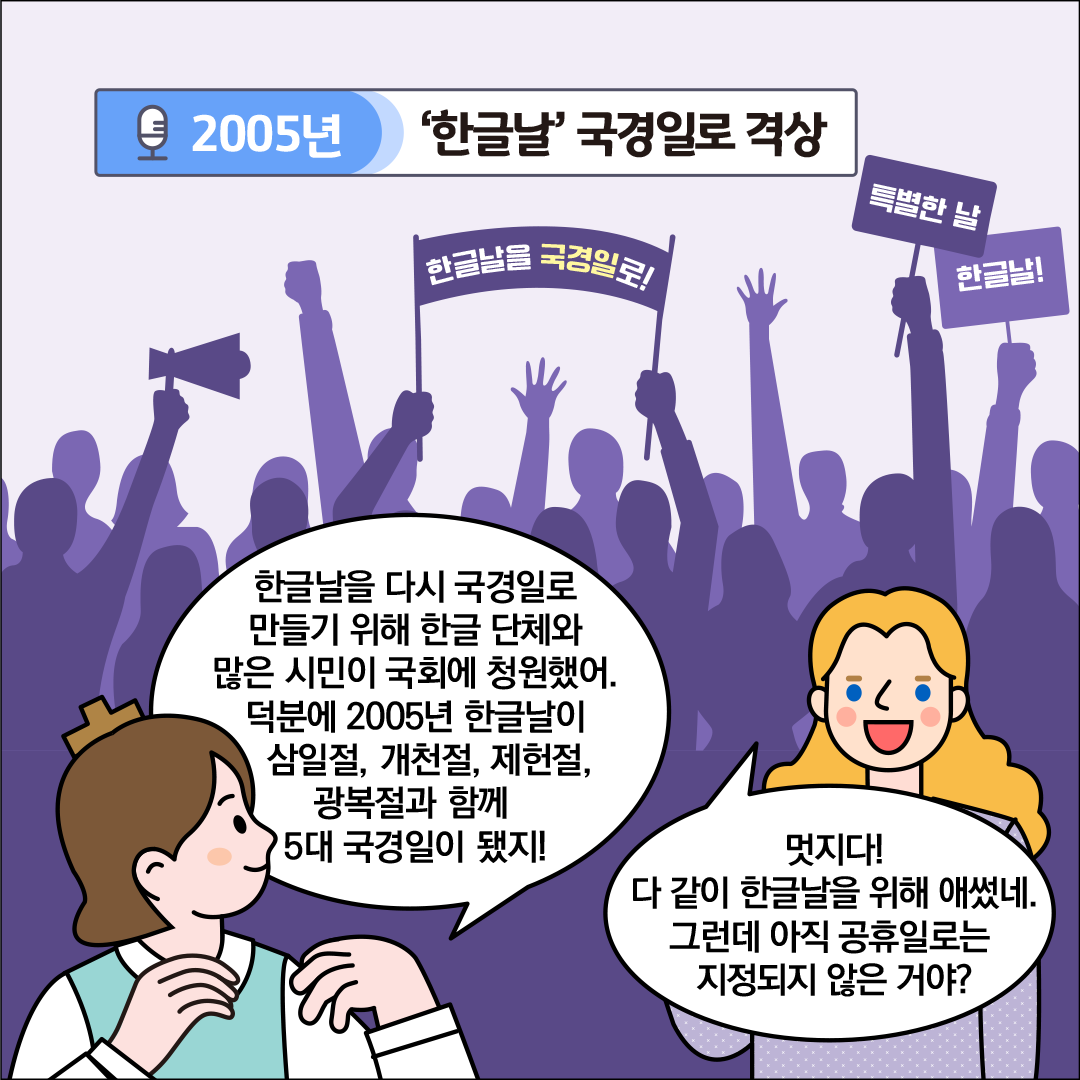 ‘2005년, 한글날 국경일로 격상’이라는 제목이 중앙 상단에 적혀있다. 화면 상단에는 보라색 실루엣의 군중이 모여 있으며, 손을 들거나 깃발과 팻말을 들고 있고, 깃발에는 ‘한글날을 국경일로!’, ‘특별한 날’, ‘한글날!’이라고 적혀있다. 한글씨는 “한글날을 다시 국경일로 만들기 위해 한글 단체와 많은 시민이 국회에 청원했어. 덕분에 2005년 한글날이 삼일절, 개천절, 제헌절, 광복절과 함께 5대 국경일이 됐지!”라고 외국인 친구에게 설명하고 있다. 외국인 친구는 미소 지으며 “멋지다! 다 같이 한글날을 위해 애썼네. 그런데 아직 공휴일로는 지정되지 않은 거야?”라고 묻고 있다.