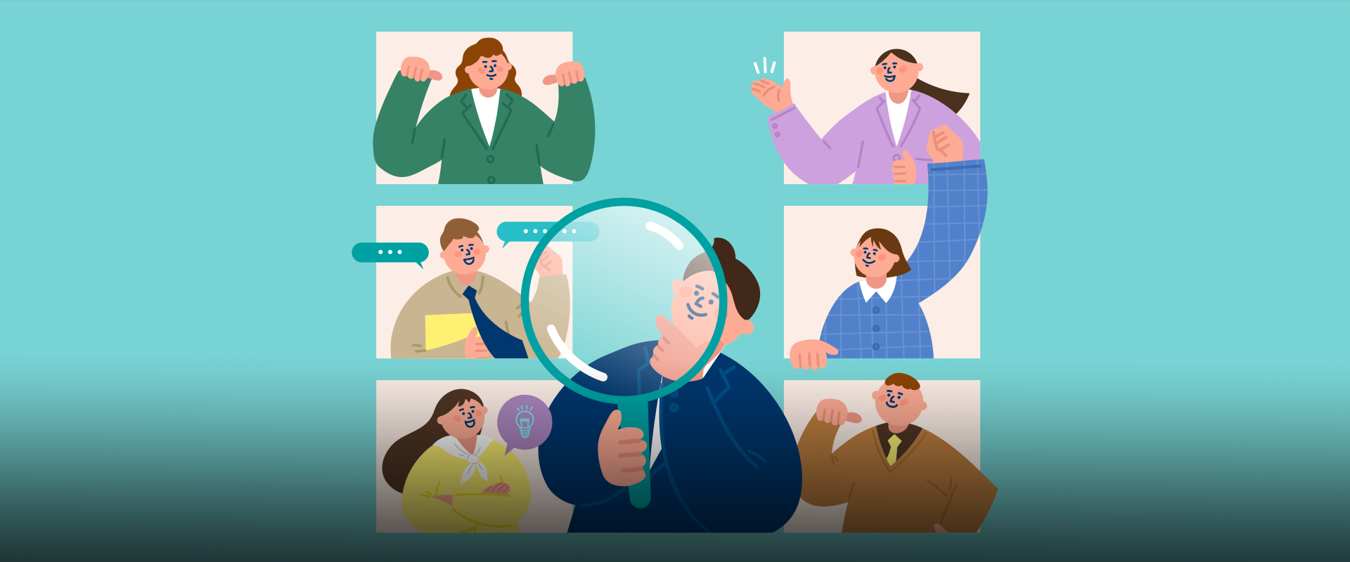 참여 행사 1번 사진. 하늘색 배경이다. 중앙에는 큰 돋보기를 든 남성이 있으며, 무언가를 자세히 살펴보는 모습이다. 주변에는 총 다섯 명의 사람이 있는데, 손짓하며 말하는 자세를 취하고 있거나 노트북을 들고 서 있는 등 각기 다른 포즈를 취하고 있다. 왼쪽 하단에는 연두색 말풍선이 있고, 그 안에 ‘참여 행사①’라고 적혀있다. 아래에는 ‘소식지 읽고, 정답 맞히기’라고 적혀있다.