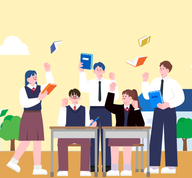 노란색 배경이다. 중앙에는 교복을 입은 다섯 명의 학생이 있다. 책상 앞에 앉아 있는 두 학생은 주먹을 쥐고 파이팅 포즈를 취하고 있으며, 서 있는 세 명의 학생은 책을 들고 있다. 