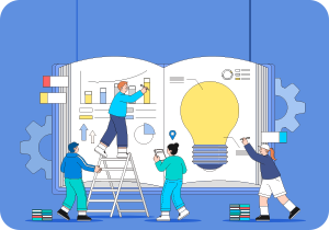 밝은 파란색 배경이다. 중앙에 책이 활짝 펼쳐져 있고, 그 뒤에 톱니바퀴 모양 장식이 있다. 책 왼쪽 페이지에는 여러 개의 막대그래프, 화살표 등이 그려져 있고, 오른쪽 페이지에는 커다란 노란 전구 그림이 있다. 책 앞에는 네 명의 사람이 있다.