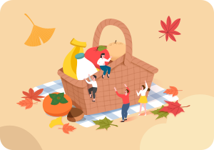 연한 주황색 배경이다. 중잉에 커다란 갈색 피크닉 바구니가 놓여있고, 그 안에는 우유병, 사과, 배 등이 있다. 바구니 주변에는 다섯 명의 사람이 즐겁게 뛰놀고 있다.