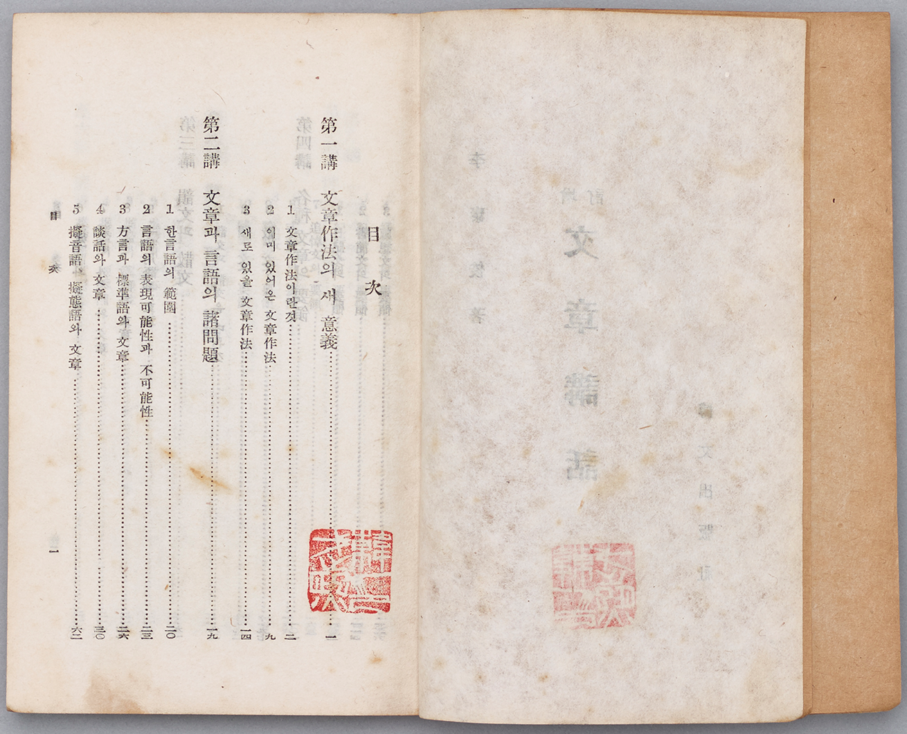 ‘문장강화’ 목차 사진이다. 책을 펼친 상태로, 오른쪽 페이지에는 세로로 인쇄된 한자 목록이 정리되어 있다.