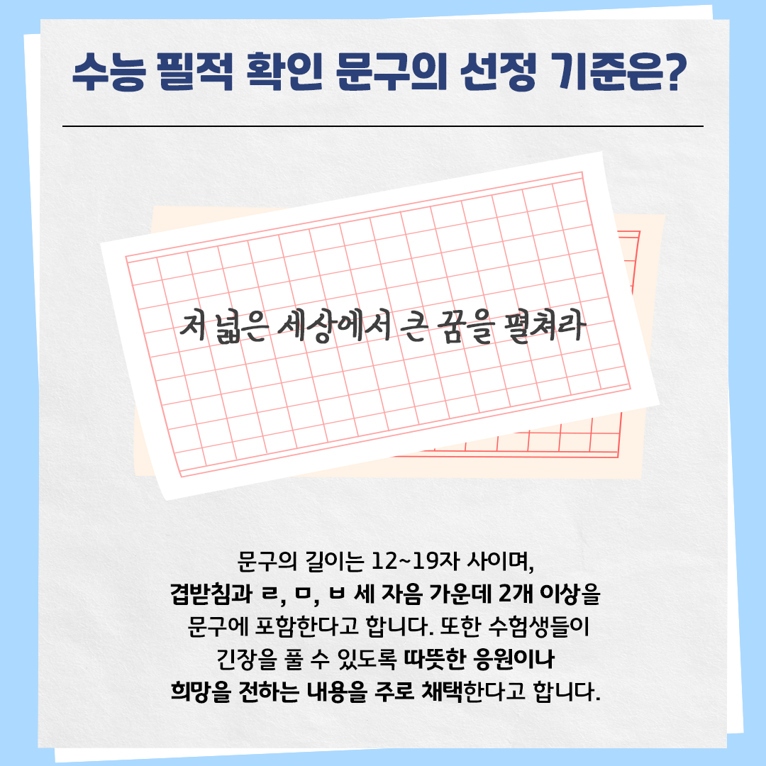 하늘색 배경의 카드뉴스 사진이다. 상단에는 ‘수능 필적 확인 문구의 선정 기준은?’이라고 제목이 적혀있다. 아래에는 원고지 그림이 있고, 그 안에 ‘저 넓은 세상에서 큰 꿈을 펼쳐라’라는 문구가 적혀있다. 본문 내용은 다음과 같다. “문구의 길이는 12~19자 사이며, 겹받침과 ㄹ, ㅁ, ㅂ 세 자음 가운데 2개 이상을 문구에 포함한다고 합니다. 또한 수험생들이 긴장을 풀 수 있도록 따뜻한 응원이나 희망을 전하는 내용을 주로 채택한다고 합니다.”
