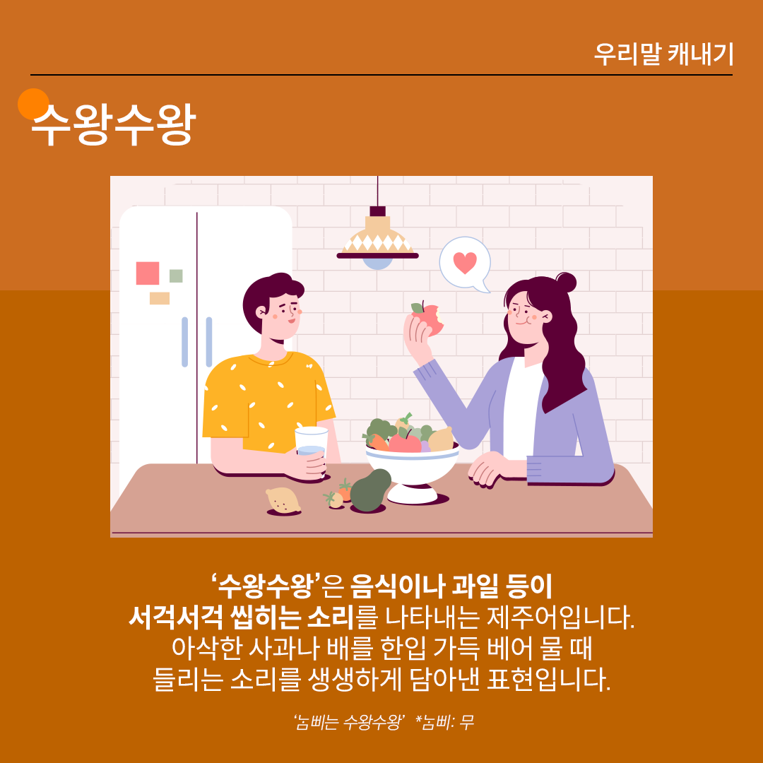 ‘수왕수왕’을 설명하는 카드뉴스이다. 진한 갈색 배경 위에 흰 글씨로 ‘수왕수왕’이라고 쓰여 있다. 중앙 그림에는 부엌 탁자에 앉아 있는 두 남녀가 있다. 남자는 손에 물컵을 들고 있고, 여자는 사과를 한 입 베어먹고 있다. 하단 설명에는 “‘수왕수왕’은 음식이나 과일 등이
서걱서걱 씹히는 소리를 나타내는 제주어입니다. 아삭한 사과나 배를 한입 가득 베어 물 때
들리는 소리를 생생하게 담아낸 표현입니다.”라고 적혀있다. ‘삐는 수왕수왕. *삐: 무’라는 예문이 덧붙여져 있다.