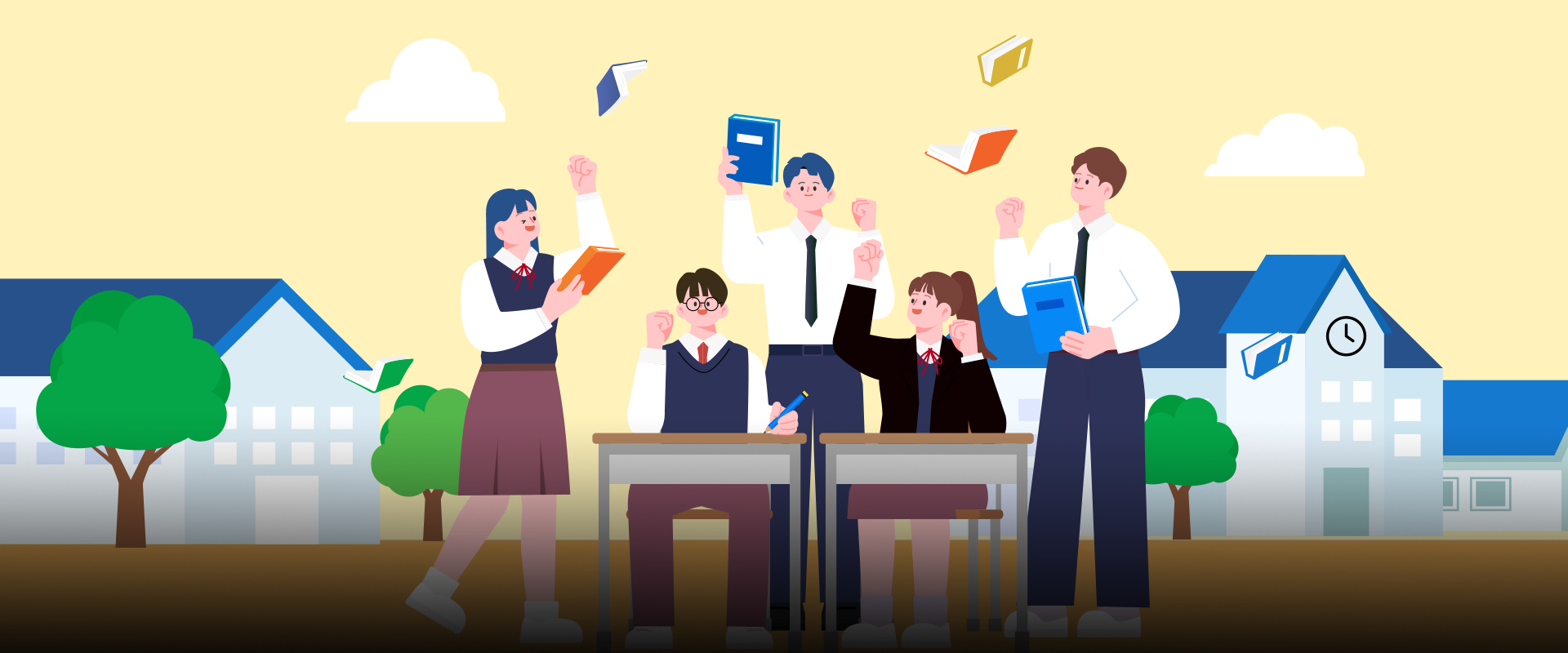 슬기로운 한글 생활 사진. 노란색 배경이다. 중앙에는 교복을 입은 다섯 명의 학생이 있다. 책상 앞에 앉아 있는 두 학생은 주먹을 쥐고 파이팅 포즈를 취하고 있으며, 서 있는 세 명의 학생은 책을 들고 있다. 사진 하단에는 주황색 박스 안에 ‘슬기로운 한글생활’ 문구가 적혀있다. 그 아래에는 기사의 제목 ‘짧지만 깊은 감동이 있다! 수능 필적 확인 문구의 모든 것’이 쓰여있다.