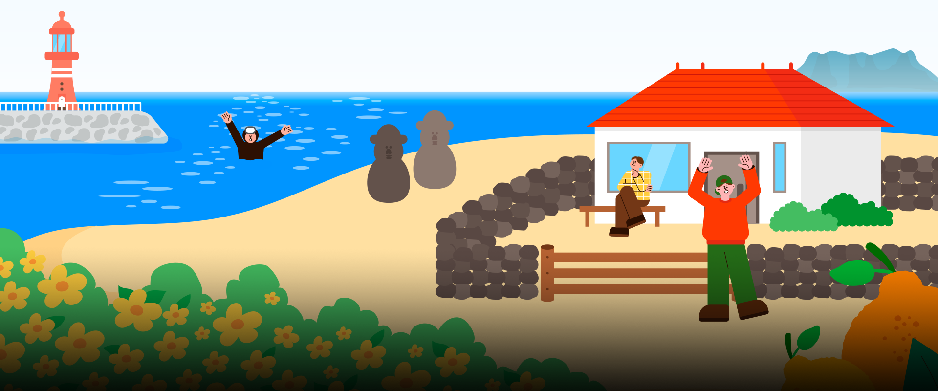 우리말 캐내기 사진. 푸른 바다가 보이는 제주 해변의 풍경이다. 왼쪽에는 붉은색 등대가 세워진 방파제가 있고, 그 앞 바다에서는 까만 옷을 입은 해녀 한 명이 두 팔을 들고 물 위에서 떠 있다. 해변 모래 위에는 돌하르방 두 개가 나란히 서 있다. 오른쪽에는 주황색 지붕과 하얀 벽의 집이 있고, 집 앞 돌담 너머로 초록색 모자를 쓴 남성이 두 팔을 들어 환하게 웃고 있다. 집 앞 벤치에는 노란색 옷을 입은 남자가 다리를 꼬고 앉아 있다. 왼쪽 하단에는 주황색 박스 안에 ‘우리말 캐내기’ 문구가 적혀있다. 그 아래에는 기사의 제목 ‘제주 사투리는 못 참지! 들을수록 매력 있는 제주어’가 쓰여있다.