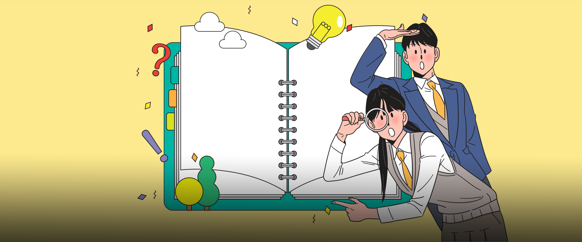 참여 행사 1번 사진. 노란색 배경이다. 가운데 양쪽으로 펼쳐진 흰색 스프링 노트가 있다. 상단에는 구름 모양과 전구 모양 아이콘이 있다. 오른쪽에는 교복을 입은 남녀 학생이 있는데, 여학생은 돋보기를 들고 있고 남학생은 생각하는 표정을 짓고 있다. 왼쪽 하단에는 연두색 말풍선이 있고, 그 안에 ‘참여 행사①’라고 적혀있다. 아래에는 ‘소식지 읽고, 정답 맞히기’라고 적혀있다.