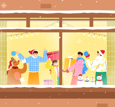 우리말 캐내기 사진. 겨울 연말 분위기를 담은 일러스트로, 실내에서 사람들이 선물을 나누고 있다. 창밖으로는 눈송이가 흩날리고 있다. 창틀에는 여러 색의 목도리를 두른 눈사람들이 줄지어 서 있다. 화면 왼쪽에는 루돌프와 산타 모자를 쓴 남성이 크리스마스 장식을 들고 있으며, 가운데에는 큰 선물 상자를 들고 있는 여자아이가 있다. 오른쪽에는 분홍색 외투를 입은 남성이 노란 리본이 달린 큰 선물을 들고 있으며, 산타 모자를 쓴 또 다른 인물은 크리스마스 장식용 공을 들고 있다. 
