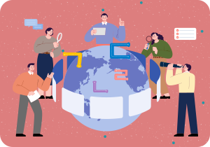 분홍색 배경이다. 중앙에 지구가 있고, 그 위에 한글 자음이 떠 있다. 지구 주변에는 다섯 명의 사람이 서 있다. 이들은 돋보기나 망원경을 들고 지구를 관찰하고 있거나, 서류를 들고 이야기하고 있다.