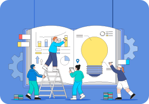 밝은 파란색 배경이다. 중앙에 책이 활짝 펼쳐져 있고, 그 뒤에 톱니바퀴 모양 장식이 있다. 책 왼쪽 페이지에는 여러 개의 막대그래프, 화살표 등이 그려져 있고, 오른쪽 페이지에는 커다란 노란 전구 그림이 있다. 책 앞에는 네 명의 사람이 있다.