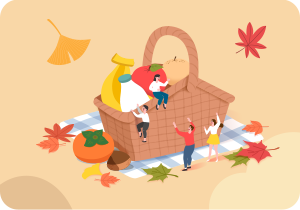 연한 주황색 배경이다. 중앙에 커다란 갈색 피크닉 바구니가 놓여있고, 그 안에는 우유병, 사과, 배 등이 있다. 바구니 주변에는 다섯 명의 사람이 즐겁게 뛰놀고 있다.