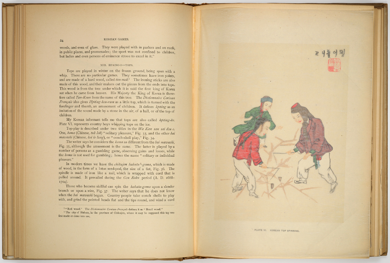 ‘《Korean Games》’ 속 팽이치기 소개 면 사진이다. 책의 오른쪽 페이지에는 조선시대 의복을 입은 아이 셋이 팽이치기 놀이하고 있는 삽화가 수록되어 있고, 왼쪽에는 영어로 팽이놀이를 설명한 글이 적혀있다.