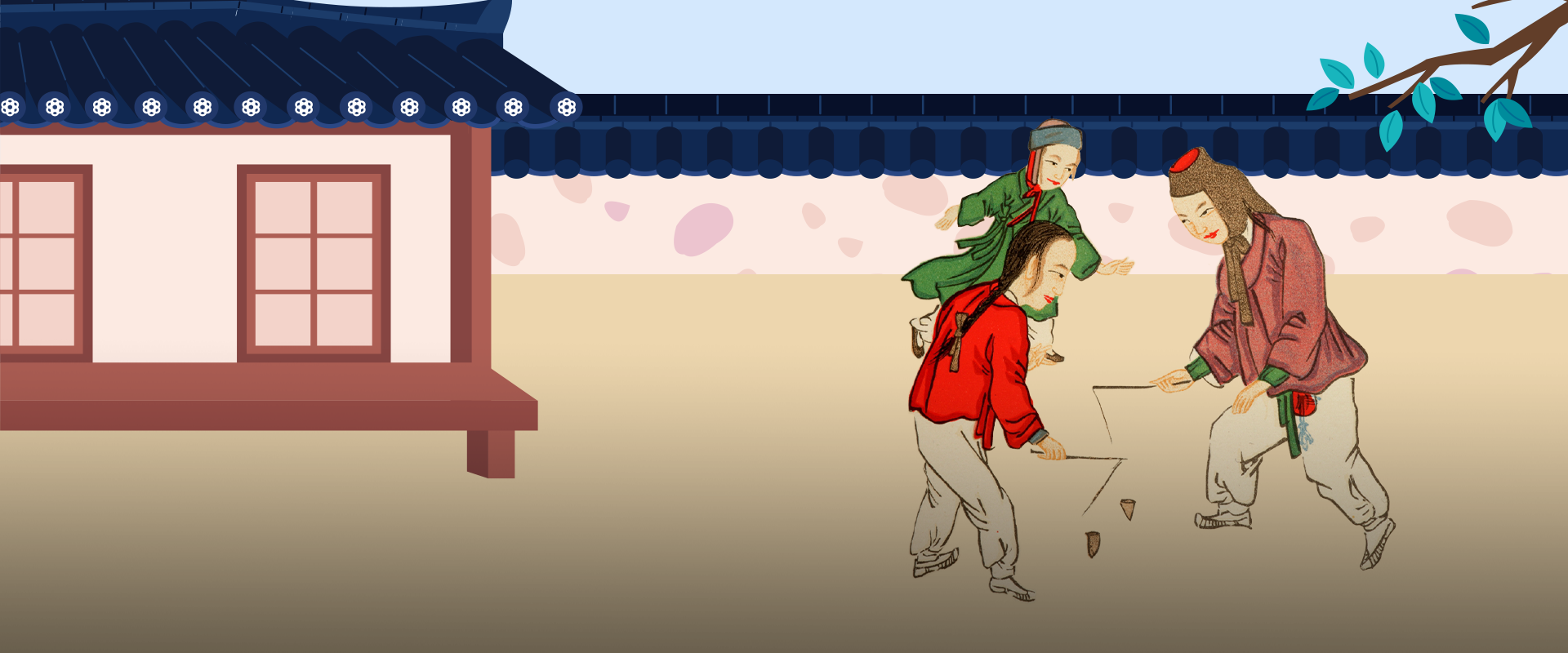 소장품 이야기. 조선시대 아이들이 전통놀이를 하는 모습을 담은 일러스트다. 왼쪽에는 기와지붕을 얹은 한옥이 그려져 있고, 앞마당에 세 명의 아이가 팽이치기 놀이를 하고 있다. 왼쪽 하단에는 하늘색 박스 안에 ‘소장품 이야기’ 문구가 적혀있다. 그 아래에는 기사의 제목 ‘한글로 놀고, 그림으로 남긴 조선의 놀이— 『한국의 놀이Korean Games』’가 쓰여있다.