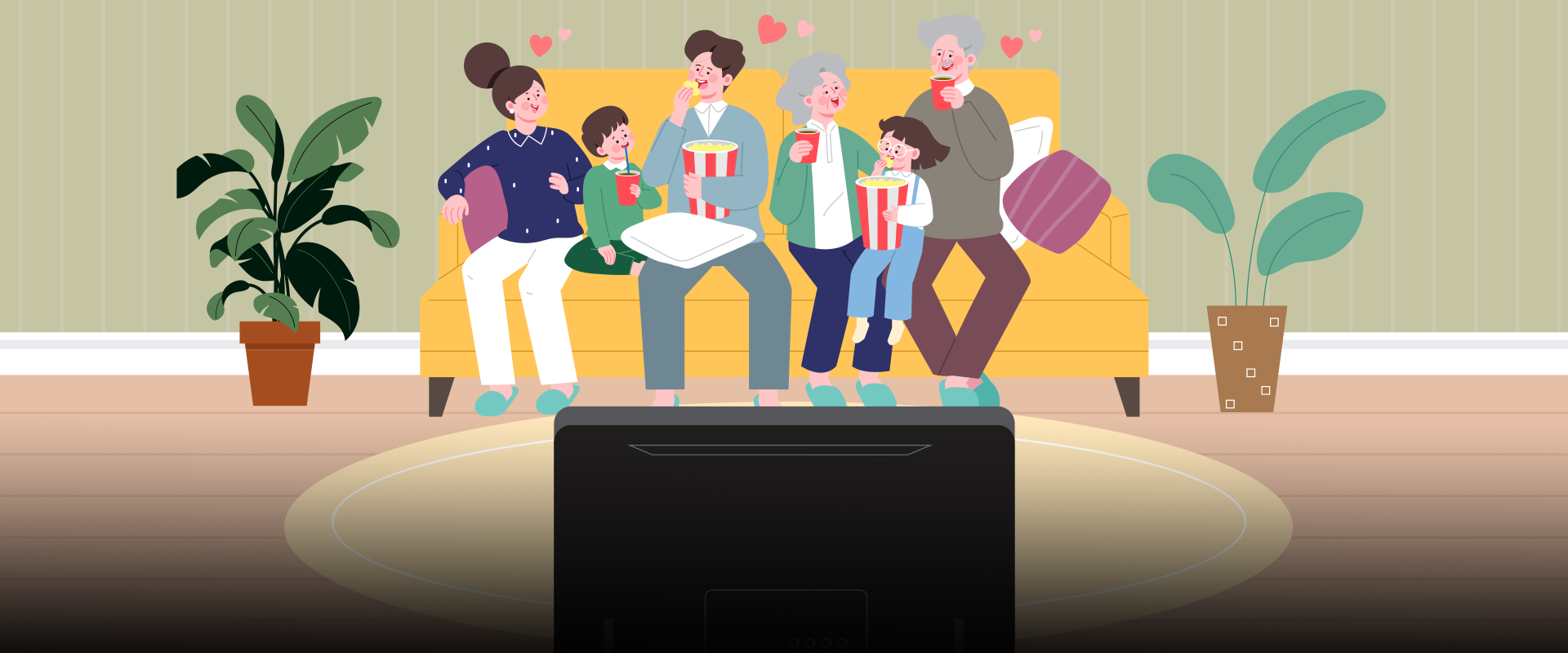 슬기로운 한글 생활 사진. 거실에서 가족이 소파에 둘러앉아 텔레비전을 시청하는 모습을 담은 일러스트다. 할머니, 할아버지, 부모, 아이들로 구성된 세대가 함께 팝콘과 음료를 나눠 먹으며 다정하게 웃고 있는 장면이 그려져 있다. 왼쪽 하단에는 주황색 박스 안에 ‘슬기로운 한글생활’ 문구가 적혀있다. 그 아래에는 기사의 제목 ‘한글을 사랑한다면 필수 시청! 집에서 보기 좋은 한글 영상 6편’이 쓰여있다.