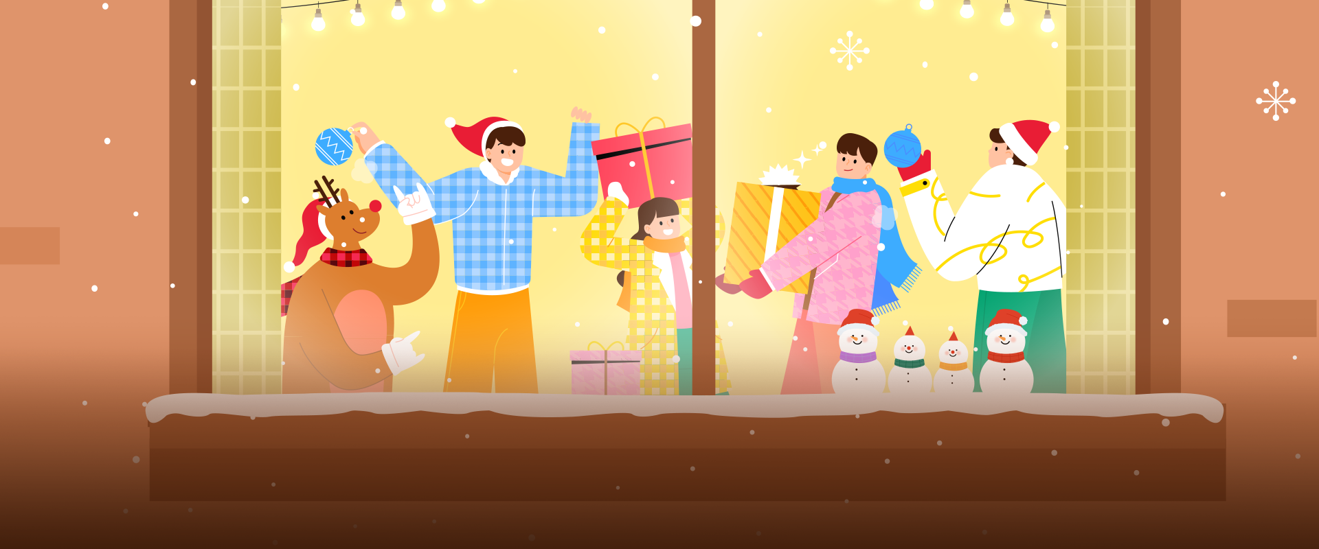 우리말 캐내기 사진. 겨울 연말 분위기를 담은 일러스트로, 실내에서 사람들이 선물을 나누고 있다. 창밖으로는 눈송이가 흩날리고 있다. 창틀에는 여러 색의 목도리를 두른 눈사람들이 줄지어 서 있다. 화면 왼쪽에는 루돌프와 산타 모자를 쓴 남성이 크리스마스 장식을 들고 있으며, 가운데에는 큰 선물 상자를 들고 있는 여자아이가 있다. 오른쪽에는 분홍색 외투를 입은 남성이 노란 리본이 달린 큰 선물을 들고 있으며, 산타모자를 쓴 또 다른 인물은 크리스마스 장식용 공을 들고 있다. 왼쪽 하단에는 주황색 박스 안에 ‘우리말 캐내기’ 문구가 적혀있다. 그 아래에는 기사의 제목 ‘한 해를 마무리하는 12월, 사람들 사이의 관계와 정에 관한 우리말!’가 쓰여있다.