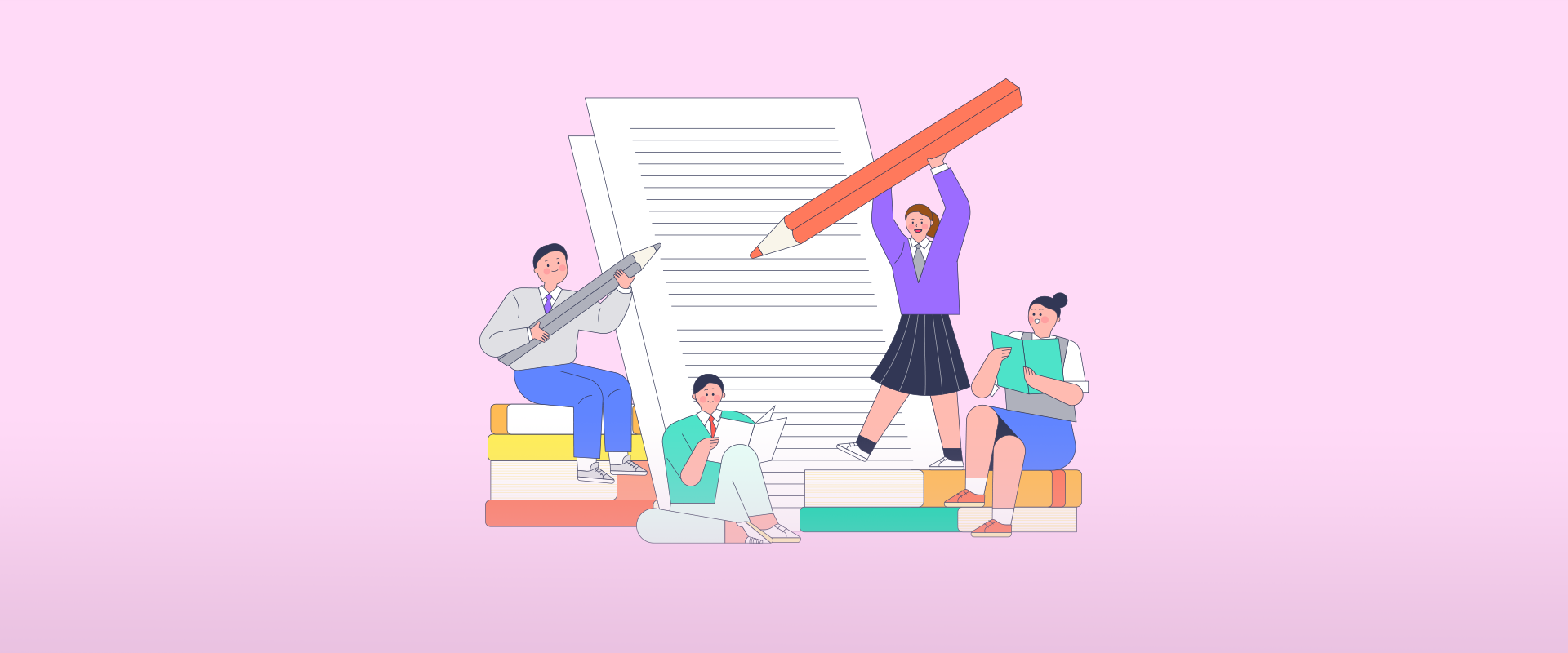 참여 행사 1번 사진. 분홍색 배경이다. 가운데에 커다란 줄 노트가 있고, 오른쪽에는 교복을 입은 여학생이 양손으로 커다란 주황색 연필을 높이 들어 올리고 있다. 주변에는 책을 읽거나 연필을 들고 있는 학생들이 앉아 있다. 왼쪽 하단에는 연두색 말풍선이 있고, 그 안에 ‘참여 행사①’라고 적혀있다. 아래에는 ‘한 달에 한 번 한 글 쓰기’라고 적혀있다. 