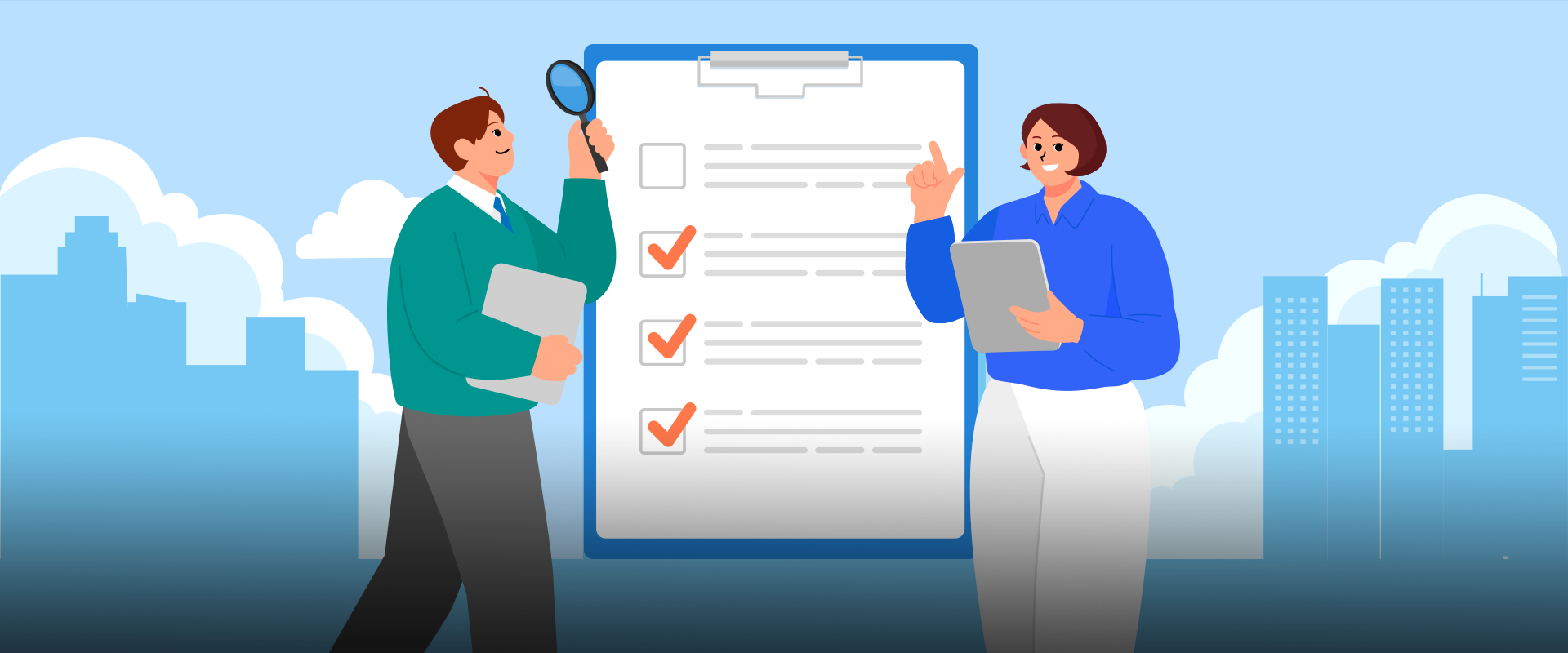 참여 행사 2번 사진. 하늘색 배경이다. 커다란 체크리스트 보드를 중심으로 두 명의 인물이 서 있다. 왼쪽 인물은 녹색 상의에 넥타이를 맨 남성으로 한 손에 돋보기를 들고 있다. 오른쪽 인물은 파란 셔츠를 입은 여성으로 테블릿을 들고 한 손을 들어 무언가를 설명하는 듯한 자세를 취하고 있다. 왼쪽 하단에는 연두색 말풍선이 있고, 그 안에 ‘참여 행사②’라고 적혀있다. 아래에는 ‘2025년도 한박웃음 설문조사’라고 적혀있다. 