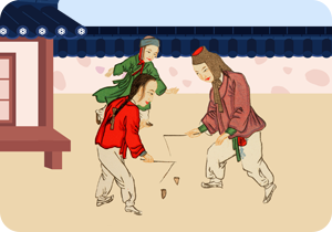 조선시대 아이들이 전통놀이를 하는 모습을 담은 일러스트다. 왼쪽에는 기와지붕을 얹은 한옥이 그려져 있고, 앞마당에 세 명의 아이가 팽이치기 놀이를 하고 있다. 