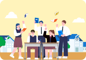 노란색 배경이다. 중앙에는 교복을 입은 다섯 명의 학생이 있다. 책상 앞에 앉아 있는 두 학생은 주먹을 쥐고 파이팅 포즈를 취하고 있으며, 서 있는 학생 세 명은 책을 들고 있다. 