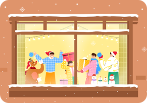 겨울 연말 분위기를 담은 일러스트로, 실내에서 사람들이 선물을 나누고 있다. 창밖으로는 눈송이가 흩날리고 있다. 창틀에는 여러 색의 목도리를 두른 눈사람들이 줄지어 서 있다. 화면 왼쪽에는 루돌프와 산타 모자를 쓴 남성이 크리스마스 장식을 들고 있으며, 가운데에는 큰 선물 상자를 들고 있는 여자아이가 있다. 오른쪽에는 분홍색 외투를 입은 남성이 노란 리본이 달린 큰 선물을 들고 있으며, 산타모자를 쓴 또 다른 인물은 크리스마스 장식용 공을 들고 있다.