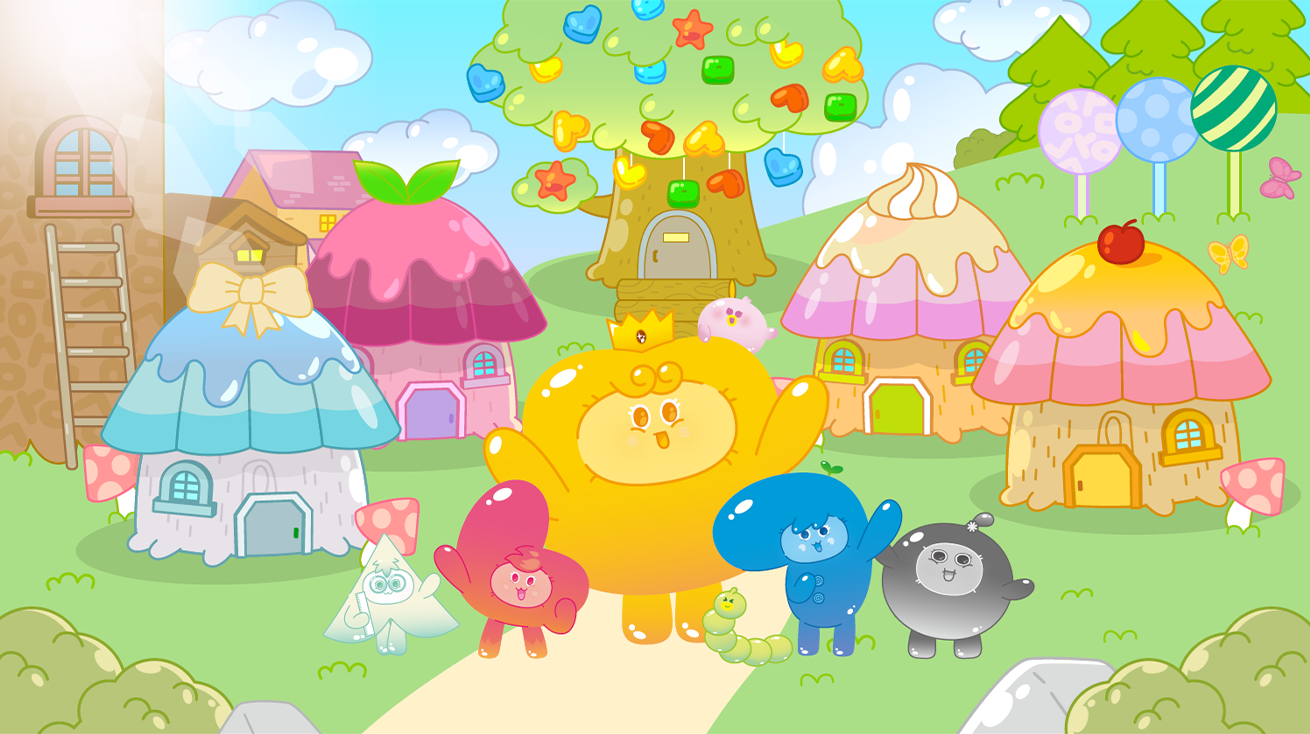 파스텔 톤의 화사한 색감으로 그려진 동화 속 마을에 다섯 명의 귀여운 ‘말랑통통’ 캐릭터가 모여 있다. 중앙에는 왕관을 쓴 커다란 노란색 캐릭터 ‘마음통통’을 중심으로 빨강, 파랑, 회색, 하얀색의 둥글둥글한 친구들이 손을 흔들며 환하게 웃고 있다. 배경에는 지붕에 달콤한 생크림이나 과일이 얹어진 듯한 버섯 모양의 알록달록한 집들이 옹기종기 모여 있다. 마을 뒤편에는 하트와 별 모양 열매가 가득 열린 커다란 나무가 서 있다.