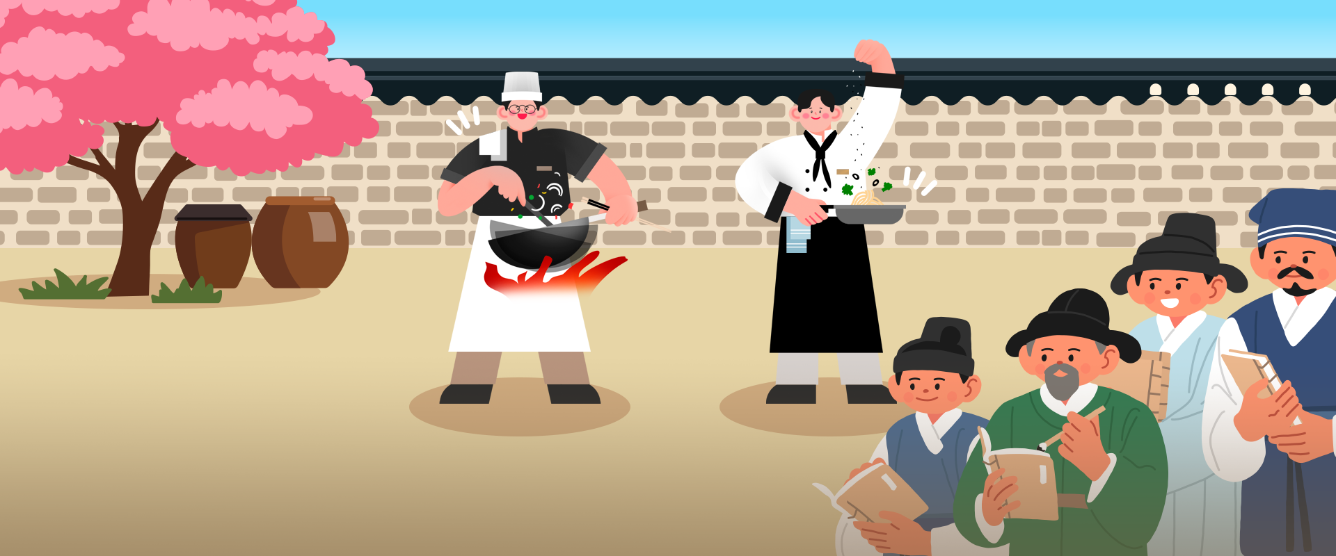 한글 이모저모 사진. 조선시대 한옥 마당에서 두 요리사가 요리하는 장면이 그려져 있다. 왼쪽에는 검은 옷의 요리사가 불꽃이 이는 웍을 힘차게 볶고 있고, 오른쪽에는 흰옷의 요리사가 정갈하게 면 요리를 들어 올리며 여유로운 자세를 취하고 있다. 배경에는 분홍빛 꽃이 핀 나무와 장독대가 놓여있고, 앞쪽에는 한복을 입은 선비들이 책과 조리서를 들고 요리를 지켜보는 중이다. 왼쪽 하단에는 주황색 박스 안에 ‘한글 이모저모’ 문구가 적혀있다. 그 아래에는 기사의 제목 ‘조선시대 흑백요리사들의 요리 비법 대공개?! 한글 조리서로 만나는 조선의 맛’이 쓰여있다.