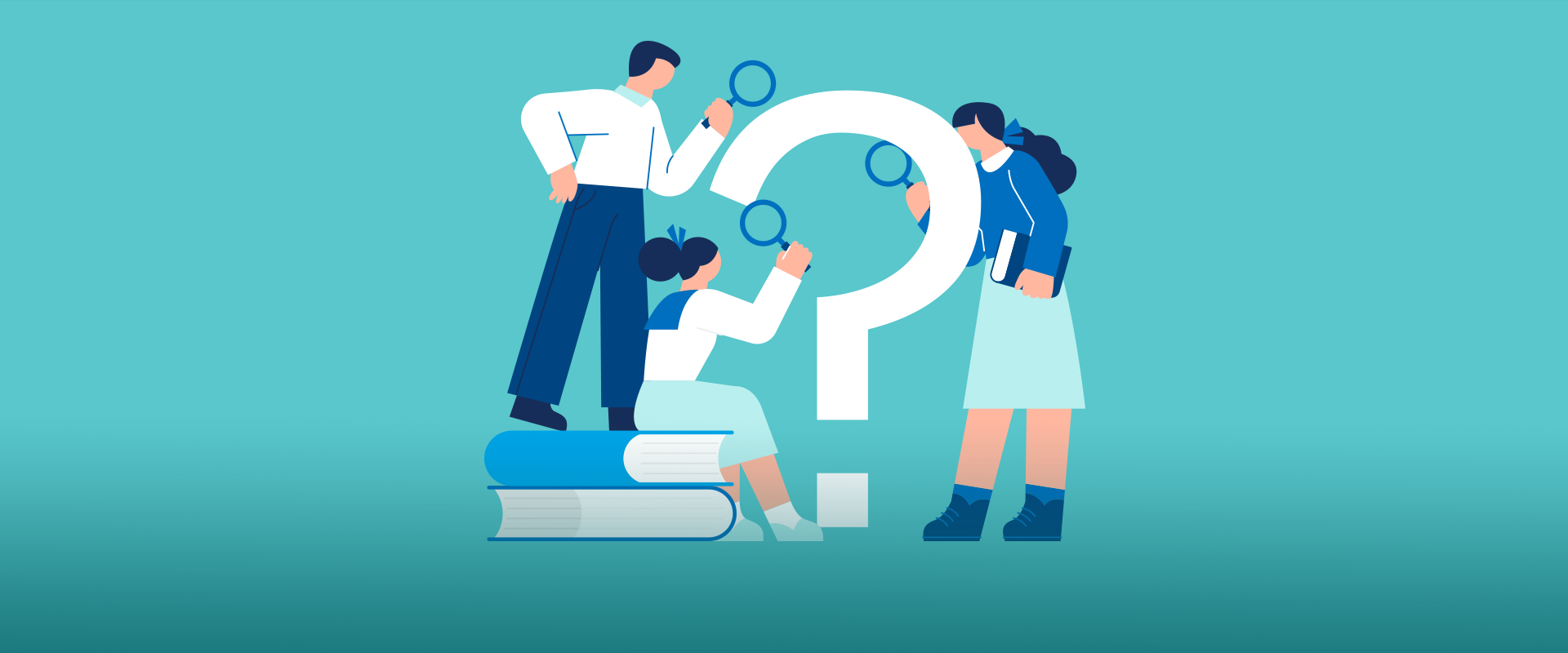 참여 행사 1번 사진. 하늘색 배경이다. 중앙에 커다란 흰색 물음표가 있고, 세 명의 사람이 이를 돋보기로 관찰하고 있다. 왼쪽 하단에는 연두색 말풍선이 있고, 그 안에 ‘참여 행사①’라고 적혀있다. 아래에는 ‘소식지 읽고, 정답 맞히기’라고 적혀있다. 