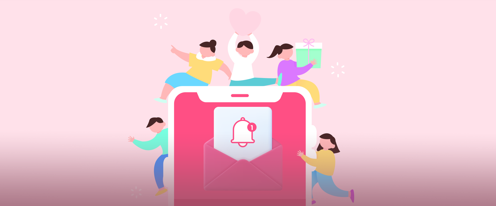 참여 행사 2번 사진. 분홍색 배경이다. 중앙에 스마트폰이 있고, 그 주변으로 다섯 명의 캐릭터들이 즐겁게 모여 있다. 스마트폰 화면 속 열린 편지 봉투 위에는 숫자 1이 표시된 알림 아이콘이 떠 있다. 왼쪽 하단에는 연두색 말풍선이 있고, 그 안에 ‘참여 행사②’라고 적혀있다. 아래에는 ‘‘한박웃음’ 구독 및 갱신하기’라고 적혀있다. 