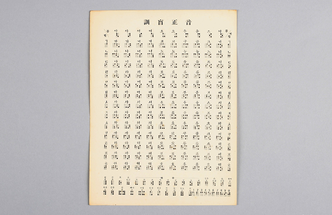 '훈맹정음' 사진이다. 훈맹정음을 설명하는 문서로, 제목 아래 한글 자음과 모음, 그리고 음절이 점자 형태로 배열되어 있다.