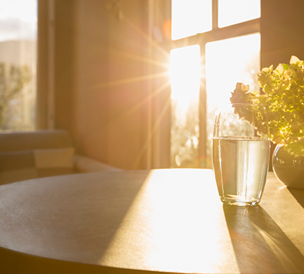 창가로 들어오는 따뜻한 햇살이 테이블 위로 길게 비치고 있으며, 테이블 위에 유리잔과 작은 화분이 놓여있다.