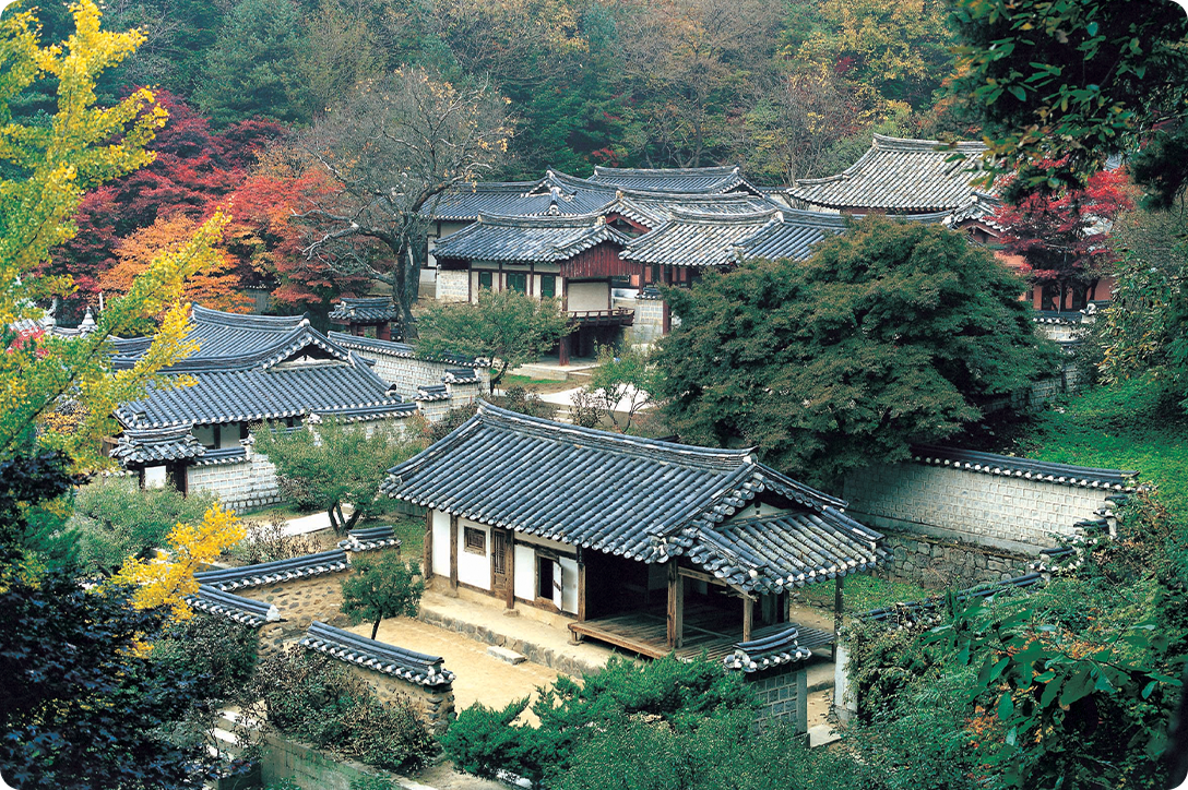안동 ‘도산서원’을 위에서 내려다보고 찍은 사진이다. 여러 채의 한옥이 모여 있는 도산서원 전경이 넓게 펼쳐져 있다.