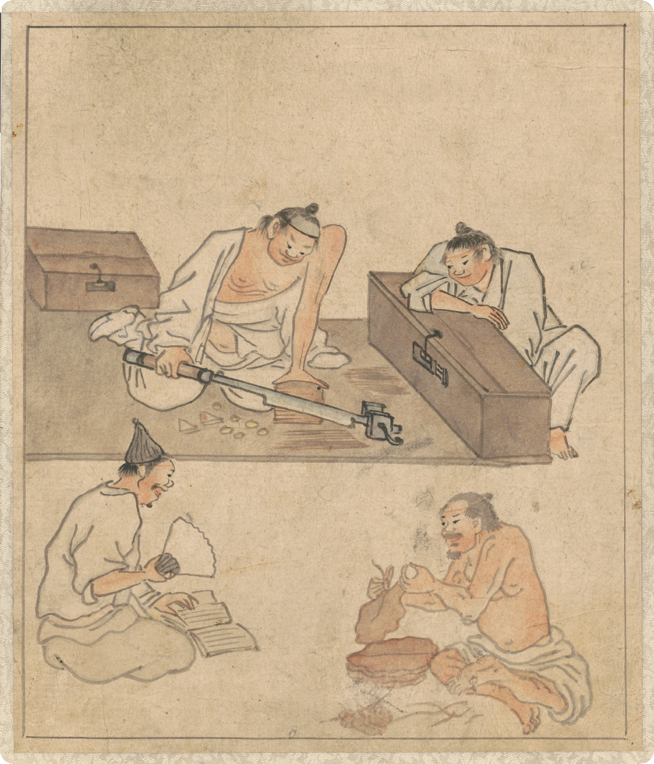 김홍도 ‘담배썰기’ 작품 사진이다. 넓은 담뱃잎의 뼈다귀를 추려낸 다음 작두판에 눌러서 썰어내고 있는 광경을 그린 것이다. 왼쪽 아래에는 ‘전기수’로 추정되는 인물이 한 손에는 부채를 들고, 한 손으로는 펼친 책을 잡으며 읽고 있다.