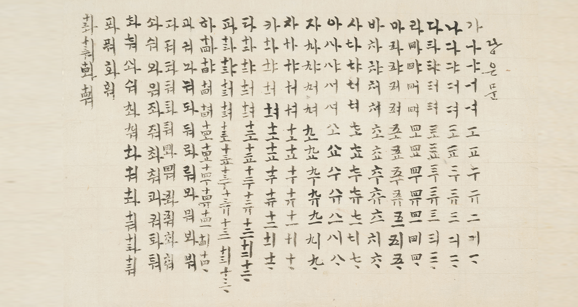 『당언문 唐彦文』 사진이다. 세로로 ㄱ(기역)부터 ㅎ(히읗)까지를 1(一)부터 14(十四)까지의 숫자로 바꾸는 규칙을 정리해 놓았다.