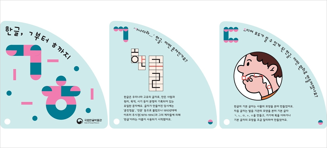 한글 소개 리플릿 「한글, ㄱ부터 ㅎ까지」 사진이다. 왼쪽에는 ‘한글, ㄱ부터 ㅎ까지’라는 문구와 함께 자음과 모음을 단순화한 도형 형태로 표현한 그림이 배치되어 있다. 가운데에는 ‘한글’ 글자와 함께 자음과 모음이 결합되는 구조를 설명하는 내용이 담겨 있다. 오른쪽에는 사람 얼굴 그림을 통해 발음 기관을 나타내며 한글이 발음 원리를 바탕으로 만들어졌음을 설명하고 있다.