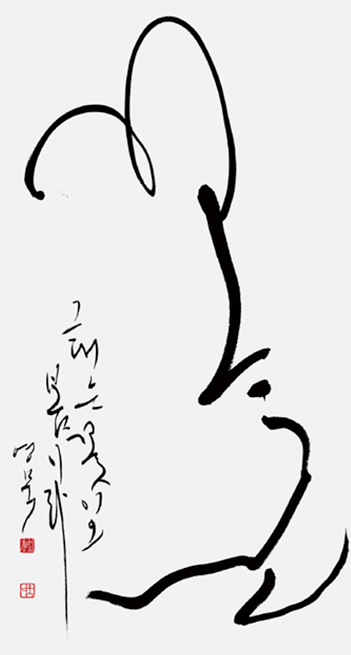 강병인 작가의 ‘꽃’ 작품. 그대는 꽃이오, 봄이라. 흰 배경 위에 가늘고 길게 이어지는 검은 붓선으로 꽃의 형태를 닮은 글씨가 표현되어 있으며, 여백을 넓게 살린 부드럽고 유연한 한글 캘리그래피 작품이다.