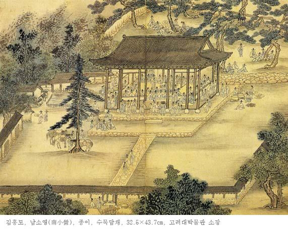 김홍도가 어영청의 소속 부대 남소영을 그린 ‘남소영도’ 그림이다. 나무가 있는 풍경 속에 조선 시대 부대의 모습이 섬세하게 그려져 있다.
