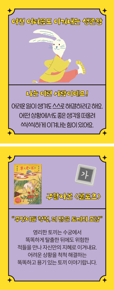 ‘한글 고전 탐험대’ 속 ‘어떤 어려움도 이겨내는 생존왕’ 카드다. ‘나는 이런 사람이에요! 어려운 일이 생겨도 스스로 해결하려고 해요. 어떤 상황에서도 좋은 생각을 떠올려 씩씩하게 이겨내는 힘이 있어요.’ ‘구활자본 「불로초」’, ‘무엇이든 척척, 꾀 많은 토끼의 요령’, ‘영리한 토끼는 수궁에서 똑똑하게 탈출한 뒤에도 위험한 적들을 만나 자신만의 지혜로 이겨내요. 어려운 상황을 척척 해결하는 똑똑하고 용기있는 토끼 이야기랍니다.’