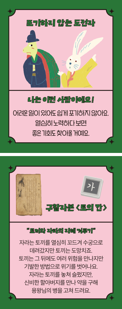‘한글 고전 탐험대’ 속 ‘포기하지 않는 도전자’ 카드다. ‘나는 이런 사람이에요! 어려운 일이 있어도 쉽게 포기하지 않아요. 열심히 노력하다 보면 좋은 기회도 찾아올 거예요.’ ‘구활자본 「토의 간」’, ‘토끼와 자라의 지혜 겨루기’, ‘자라는 토끼를 열심히 꼬드겨 수궁으로 데려갔지만, 토끼는 도망치죠. 토끼는 그 뒤에도 여러 위험을 만나지만 기발한 방법으로 위기를 벗어나요. 자라는 토끼를 놓쳐 슬펐지만, 신비한 할아버지를 만나 약을 구해 용왕님의 병을 고쳐 드려요.’ 