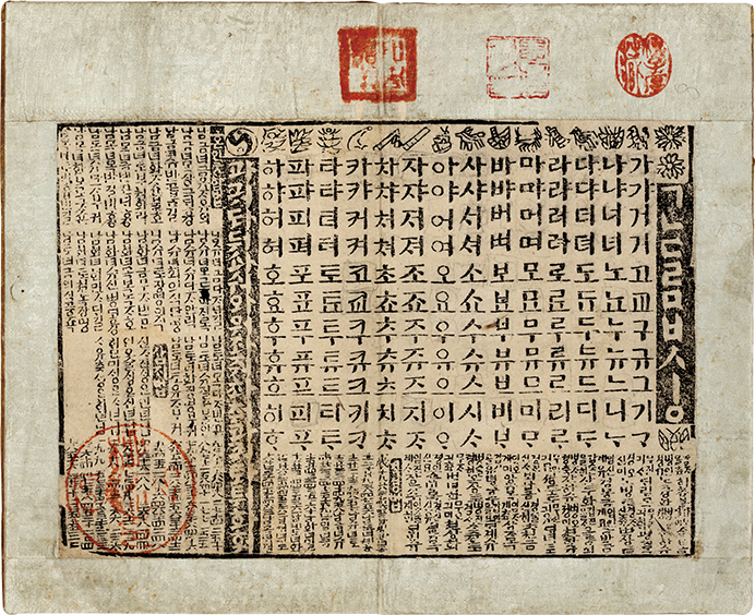 19세기에 목판으로 찍은 한글 음절표다. 한글 자음과 모음을 조합한 음절이 표 형태로 배열되어 있으며, 주변에는 한자와 한글로 된 글이 빽빽하게 적혀있다. 국립한글박물관 소장 자료다.
